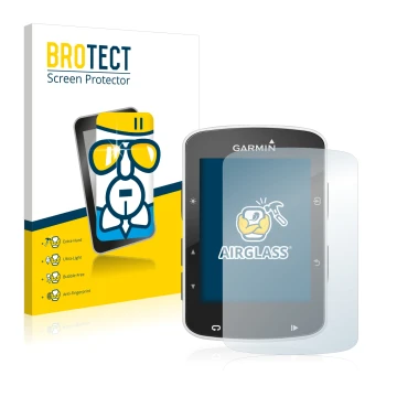 Front side of a product packaging with the brand logo BROTECT. Next to it is the device Garmin Edge 520 shown with the corresp