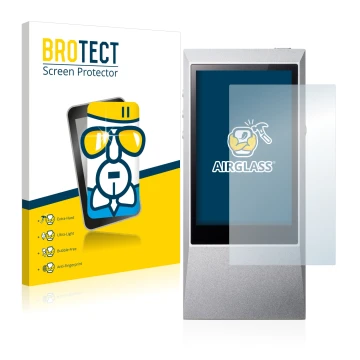 Front side of a product packaging with the brand logo BROTECT. Next to it is the device Astell&Kern AK Jr shown with the corre