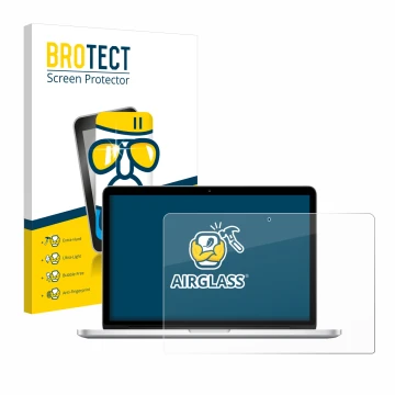 Front side of a product packaging with the brand logo BROTECT. Next to it is the device Apple MacBook Retina Pro 13