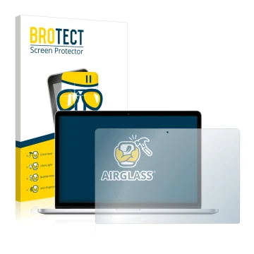 Front side of a product packaging with the brand logo BROTECT. Next to it is the device Apple MacBook Pro Retina 15
