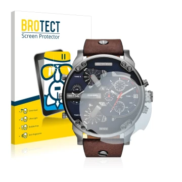 Front side of a product packaging with the brand logo BROTECT. Next to it is the device Diesel DZ7314 Mr. Daddy shown with the