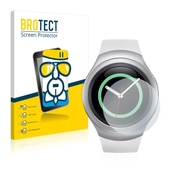 Front side of a product packaging with the brand logo BROTECT. Next to it is the device Samsung Gear S2 shown with the corresp