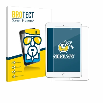 Front side of a product packaging with the brand logo BROTECT. Next to it is the device Apple iPad Mini 4 2015 shown with the 