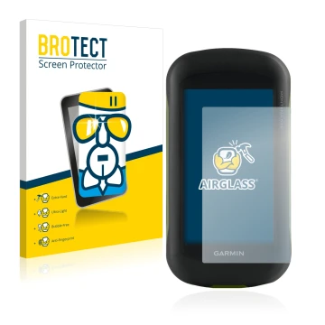 Front side of a product packaging with the brand logo BROTECT. Next to it is the device Garmin Montana 610 shown with the corr