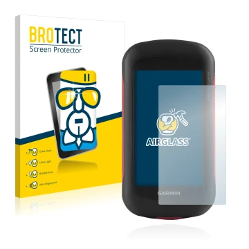 Front side of a product packaging with the brand logo BROTECT. Next to it is the device Garmin Montana 680 shown with the corr