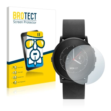 Front side of a product packaging with the brand logo BROTECT. Next to it is the device Pebble Time Round shown with the corre