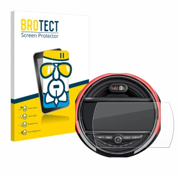 Front side of a product packaging with the brand logo BROTECT. Next to it is the device Mini Cooper R56 (6.5
