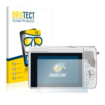 Front side of a product packaging with the brand logo BROTECT. Next to it is the device Canon EOS M10 shown with the correspon