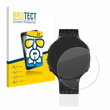 Front side of a product packaging with the brand logo BROTECT. Next to it is the device Garmin Forerunner 235 shown with the c