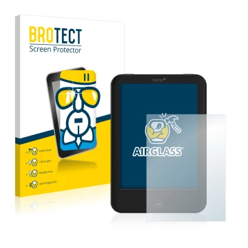 Front side of a product packaging with the brand logo BROTECT. Next to it is the device Tolino Shine 2 HD shown with the corre