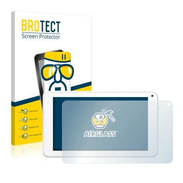 Front side of a product packaging with the brand logo BROTECT. Next to it is the device BigBen Unity Tab 7 shown with the corr