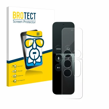 Front side of a product packaging with the brand logo BROTECT. Next to it is the device Apple Remote Control Apple TV 4 shown 