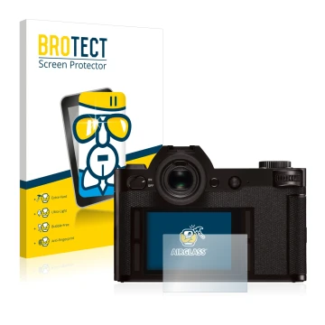 Front side of a product packaging with the brand logo BROTECT. Next to it is the device Leica SL (Typ 601) shown with the corr