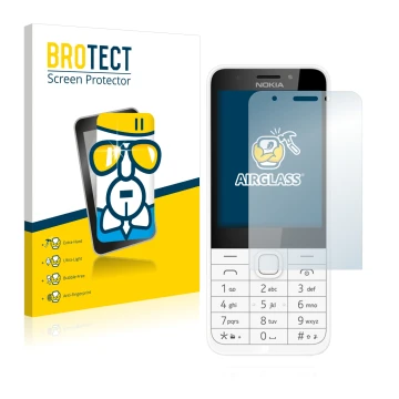 Front side of a product packaging with the brand logo BROTECT. Next to it is the device Nokia 230 shown with the corresponding