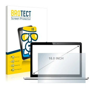 Front side of a product packaging with the brand logo BROTECT. Next to it is the device shown with the corresponding screen pr