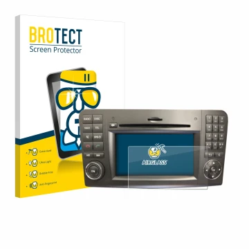 Front side of a product packaging with the brand logo BROTECT. Next to it is the device Mercedes-Benz Comand APS 2.5 shown wit