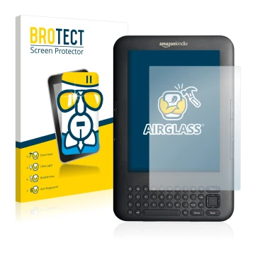 Front side of a product packaging with the brand logo BROTECT. Next to it is the device Amazon Kindle 3 shown with the corresp