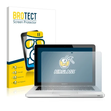 Front side of a product packaging with the brand logo BROTECT. Next to it is the device Apple MacBook Pro 13