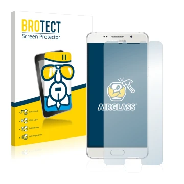 Front side of a product packaging with the brand logo BROTECT. Next to it is the device Samsung Galaxy A5 2016 shown with the 