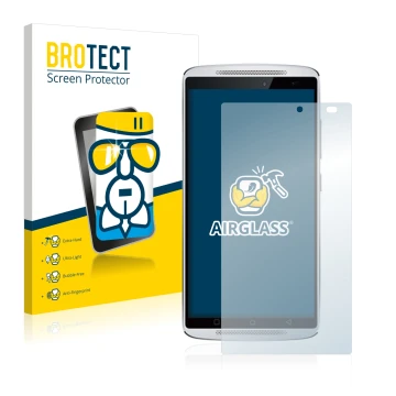 Front side of a product packaging with the brand logo BROTECT. Next to it is the device Lenovo Vibe X3 (camera right only) sho