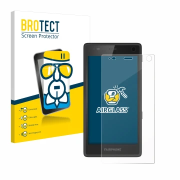 Front side of a product packaging with the brand logo BROTECT. Next to it is the device Fairphone 2 shown with the correspondi