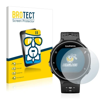 Front side of a product packaging with the brand logo BROTECT. Next to it is the device Garmin Forerunner 230 shown with the c