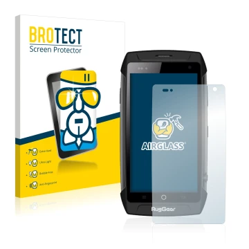 Front side of a product packaging with the brand logo BROTECT. Next to it is the device RugGear RG730 shown with the correspon