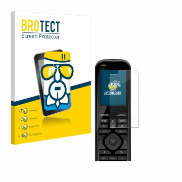 Front side of a product packaging with the brand logo BROTECT. Next to it is the device Logitech Harmony 950 shown with the co