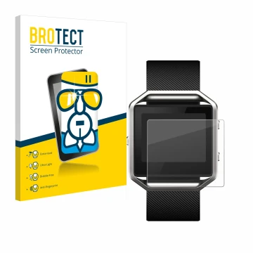 Front side of a product packaging with the brand logo BROTECT. Next to it is the device Fitbit Blaze shown with the correspond