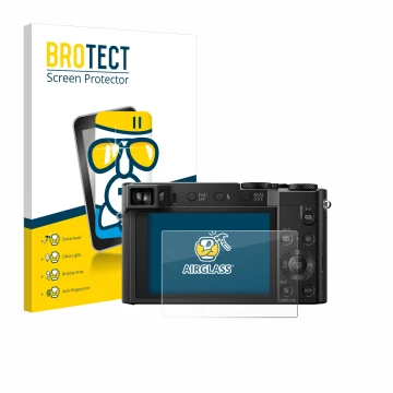 Front side of a product packaging with the brand logo BROTECT. Next to it is the device Panasonic Lumix DMC-TZ101 shown with t
