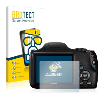 Front side of a product packaging with the brand logo BROTECT. Next to it is the device Canon PowerShot SX540 HS shown with th