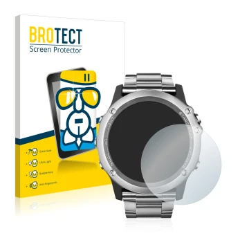 Front side of a product packaging with the brand logo BROTECT. Next to it is the device Garmin Fenix 3 Saphir shown with the c