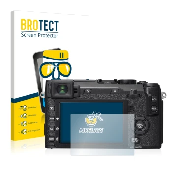 Front side of a product packaging with the brand logo BROTECT. Next to it is the device Fujifilm X-E2S shown with the correspo