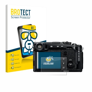 Front side of a product packaging with the brand logo BROTECT. Next to it is the device Fujifilm X-Pro2 shown with the corresp