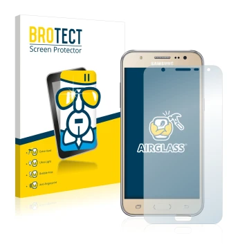 Front side of a product packaging with the brand logo BROTECT. Next to it is the device Samsung Galaxy J7 2016 shown with the 