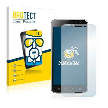 Front side of a product packaging with the brand logo BROTECT. Next to it is the device Samsung Galaxy J3 Duos 2016 shown with