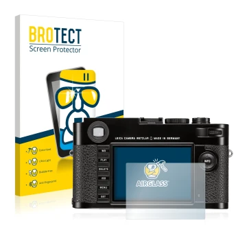 Front side of a product packaging with the brand logo BROTECT. Next to it is the device Leica M (Typ 262) shown with the corre