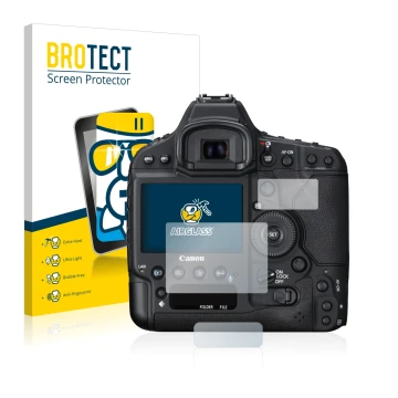 Front side of a product packaging with the brand logo BROTECT. Next to it is the device Canon EOS 1D X Mark II shown with the 