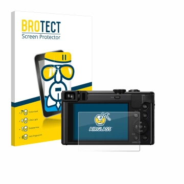 Front side of a product packaging with the brand logo BROTECT. Next to it is the device Panasonic Lumix DMC-TZ80 shown with th