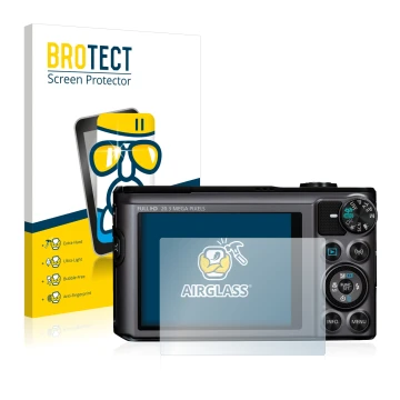 Front side of a product packaging with the brand logo BROTECT. Next to it is the device Canon PowerShot SX720 HS shown with th