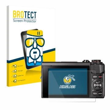 Front side of a product packaging with the brand logo BROTECT. Next to it is the device Canon PowerShot G7 X Mark II shown wit