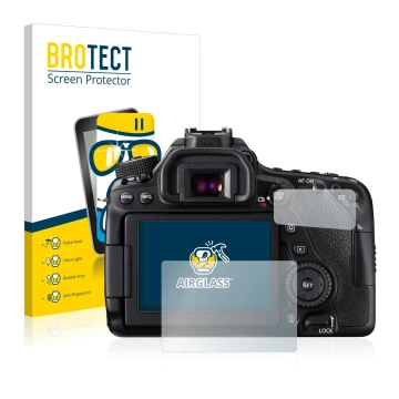 Front side of a product packaging with the brand logo BROTECT. Next to it is the device Canon EOS 80D shown with the correspon
