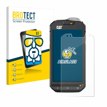 Front side of a product packaging with the brand logo BROTECT. Next to it is the device Caterpillar Cat S60 shown with the cor