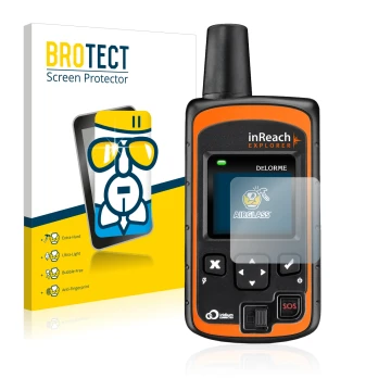 Front side of a product packaging with the brand logo BROTECT. Next to it is the device DeLorme inReach Explorer shown with th