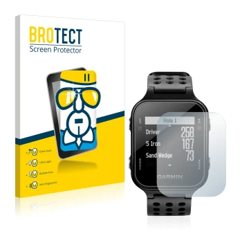 Front side of a product packaging with the brand logo BROTECT. Next to it is the device Garmin Approach S20 shown with the cor