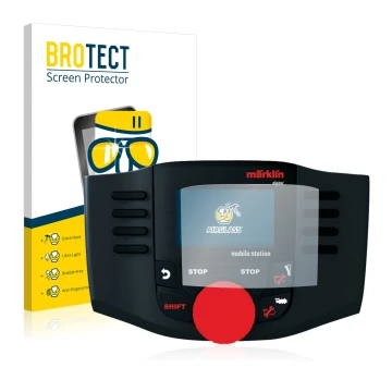 Front side of a product packaging with the brand logo BROTECT. Next to it is the device Märklin Mobile Station 60657 2016 show