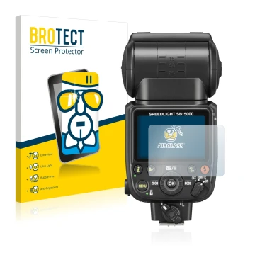 Front side of a product packaging with the brand logo BROTECT. Next to it is the device Nikon SB-5000 shown with the correspon