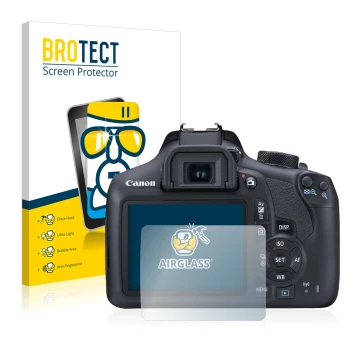 Front side of a product packaging with the brand logo BROTECT. Next to it is the device Canon EOS 1300D shown with the corresp