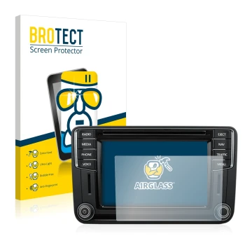 Front side of a product packaging with the brand logo BROTECT. Next to it is the device Volkswagen T6 2016 Discover Media Plus