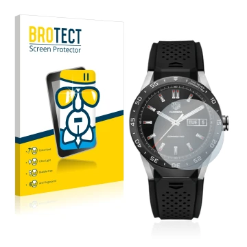 Front side of a product packaging with the brand logo BROTECT. Next to it is the device TAG Heuer Connected 46 shown with the 